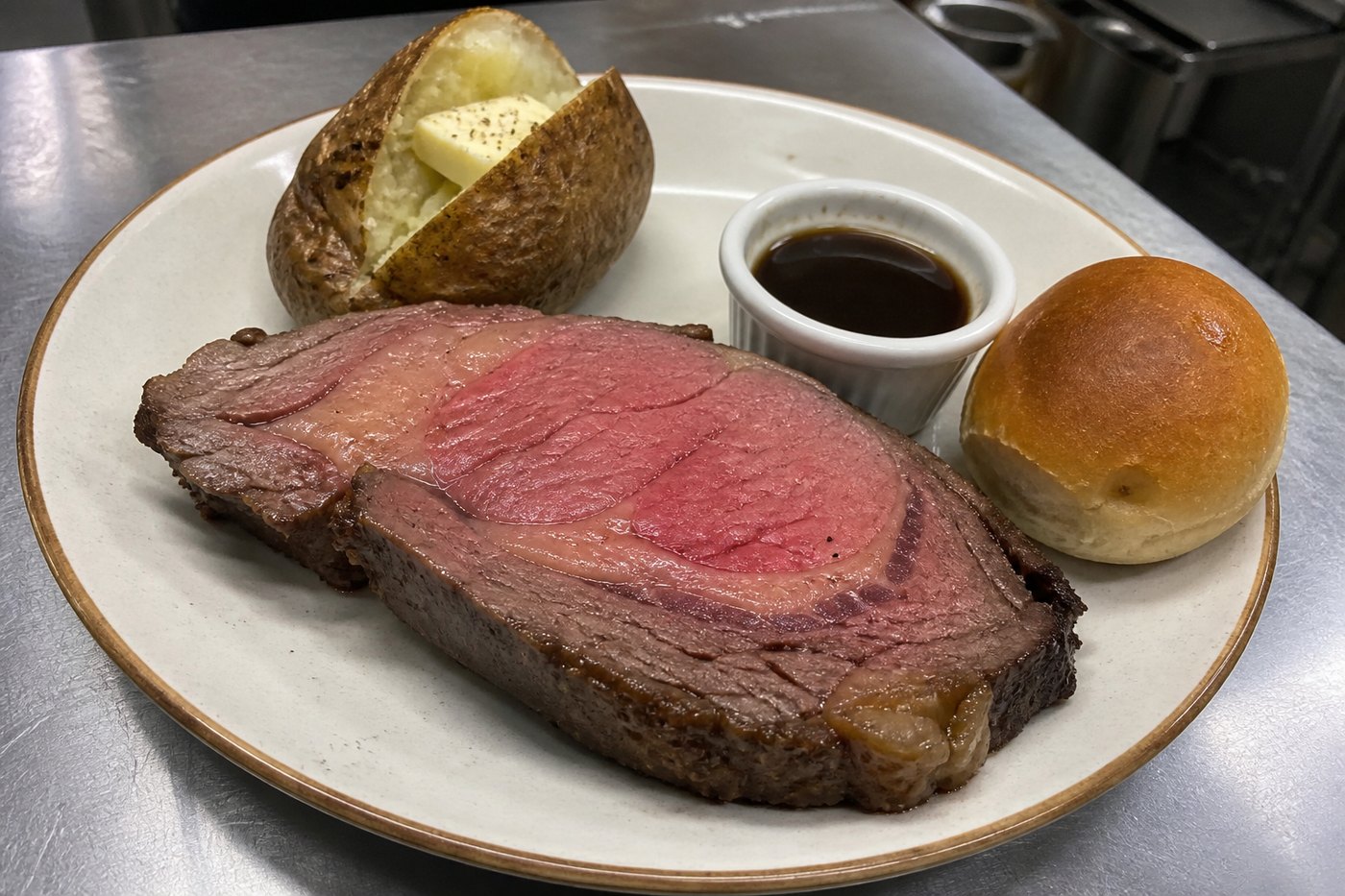 Prime rib dinner with baked potato and au jus